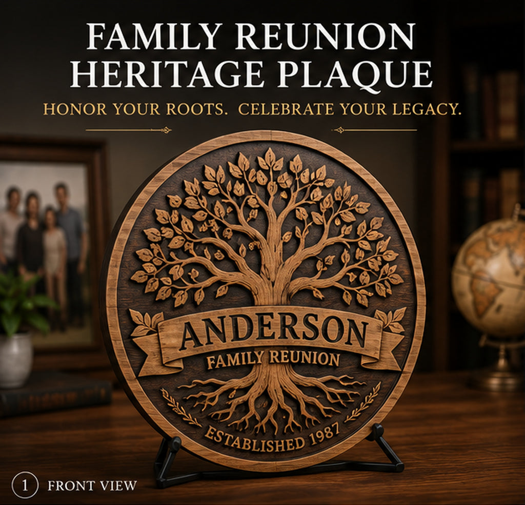 Personalized round Family Reunion Heritage Plaque with layered wood family tree, surname and crest