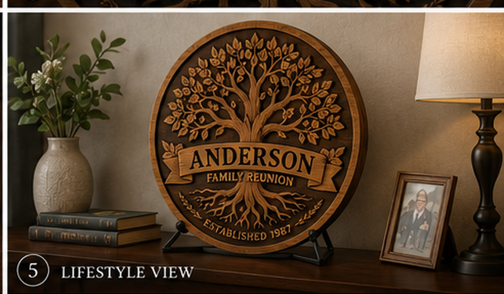 Round personalized Family Reunion Heritage Plaque displayed in a home setting