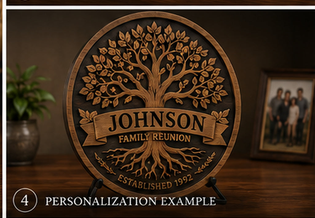 Personalization detail showing surname, family crest and reunion information on round wood plaque