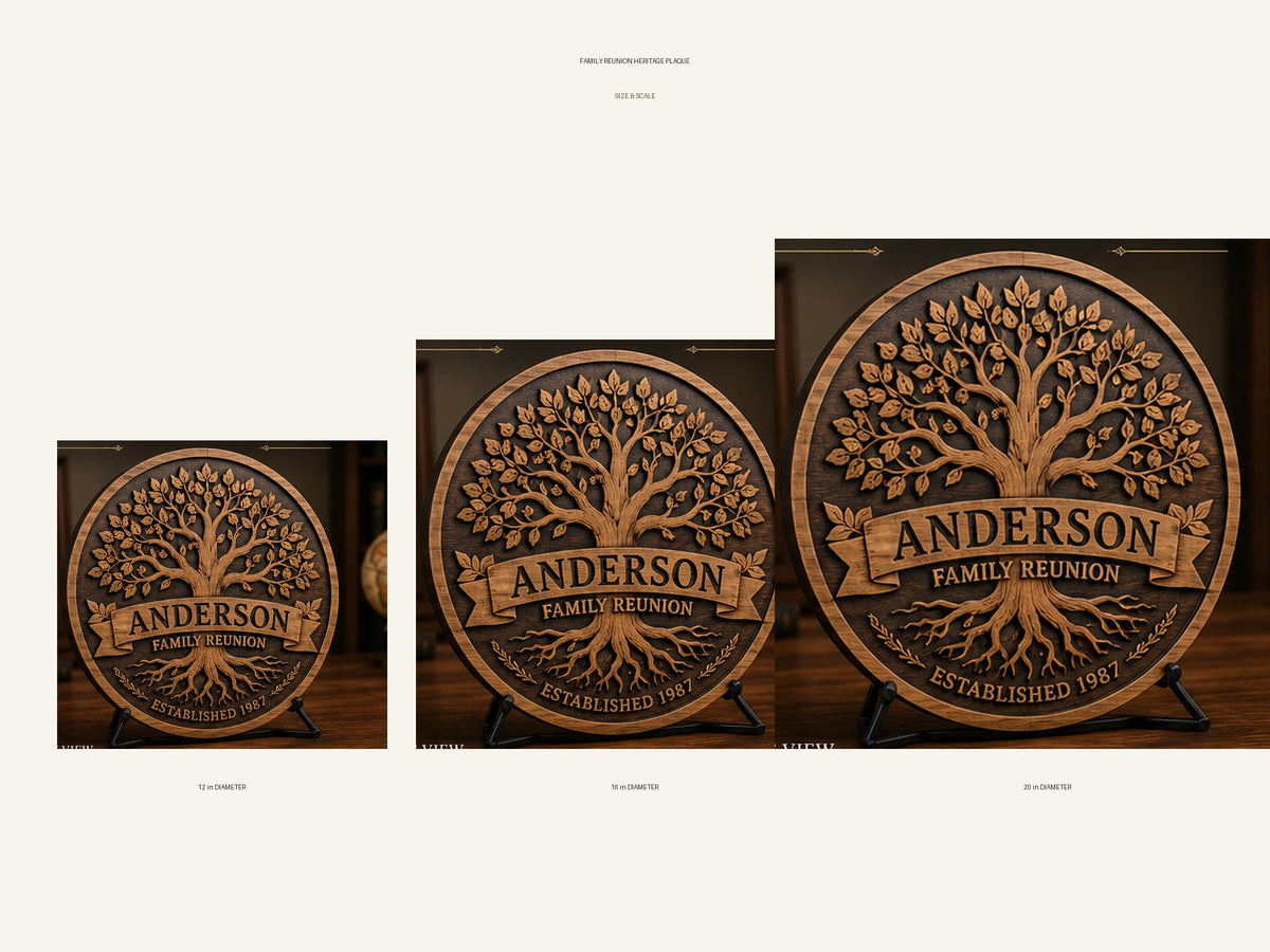 Family Reunion Heritage Plaque size comparison showing 12 inch, 16 inch and 20 inch diameter options