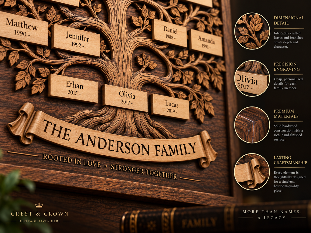 Close-up of personalized names, dimensional branches, engraving and hand-finished wood details.