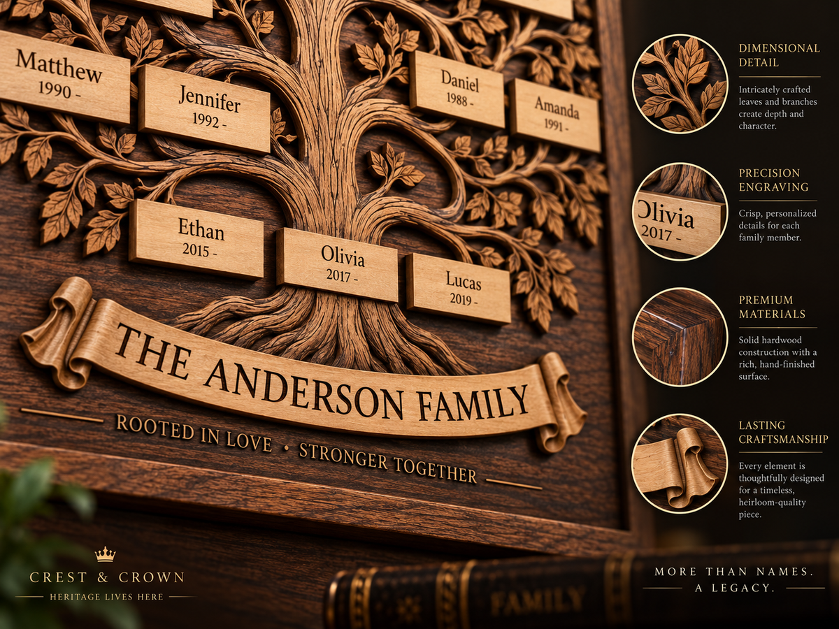 Close-up of personalized names, dimensional branches, engraving and hand-finished wood details.