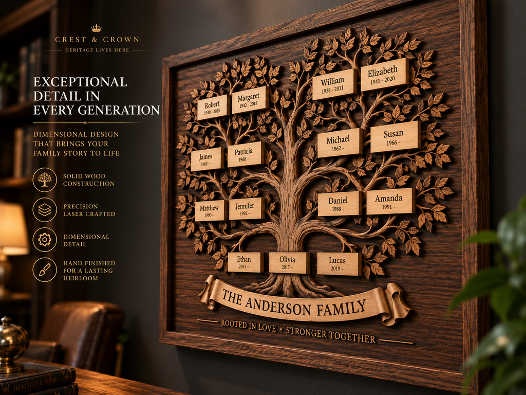 Angled view showing dimensional detail of a personalized Crest & Crown family tree heirloom.
