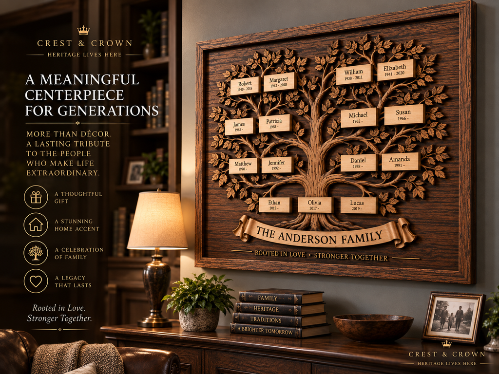 Crest & Crown family tree heirloom presented as a meaningful personalized family gift and home centerpiece.
