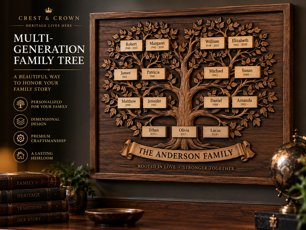 Crest & Crown personalized multi-generation family tree wall display in dimensional wood.