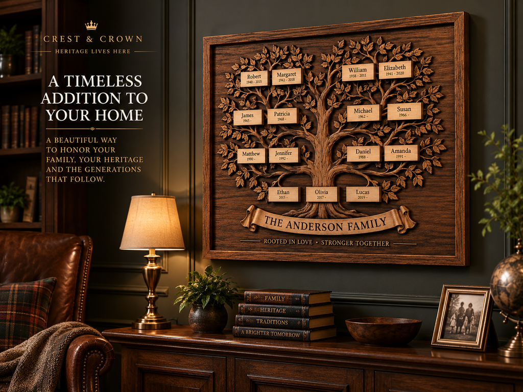 Personalized wooden family tree displayed as premium wall decor in an elegant home study.