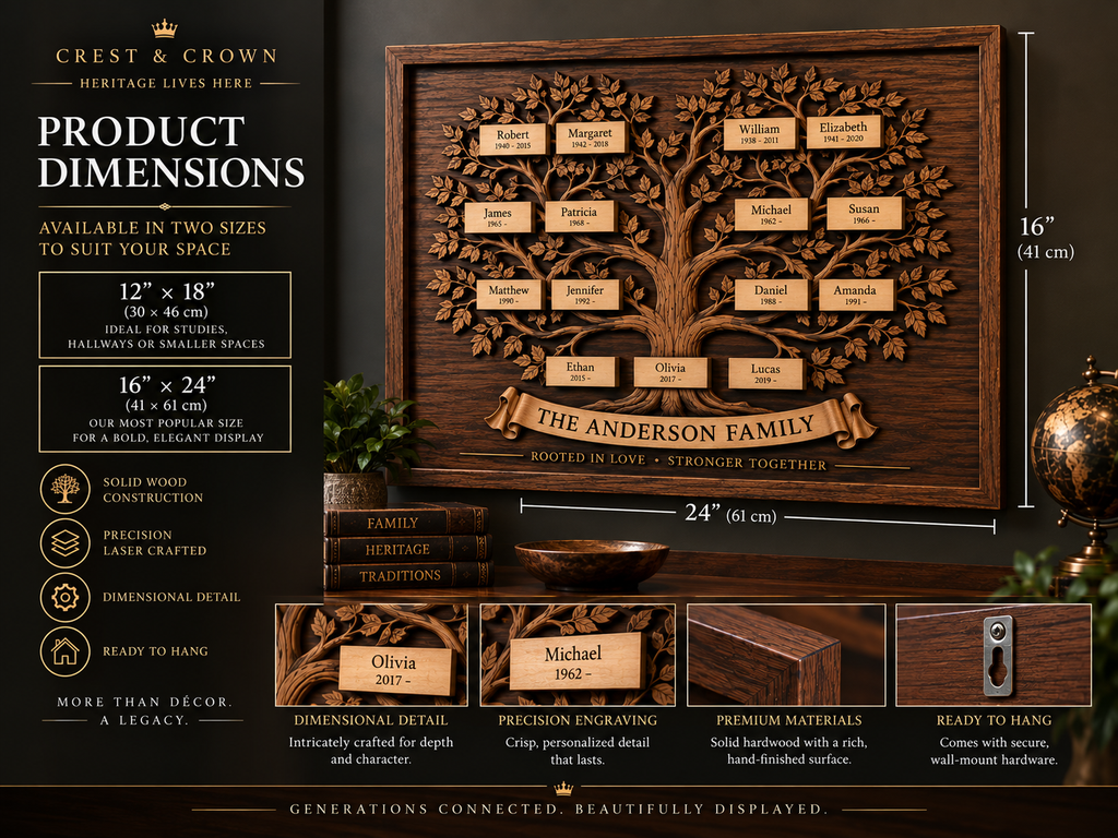 Family tree size guide showing standard 12 by 18 inch and 16 by 24 inch options.