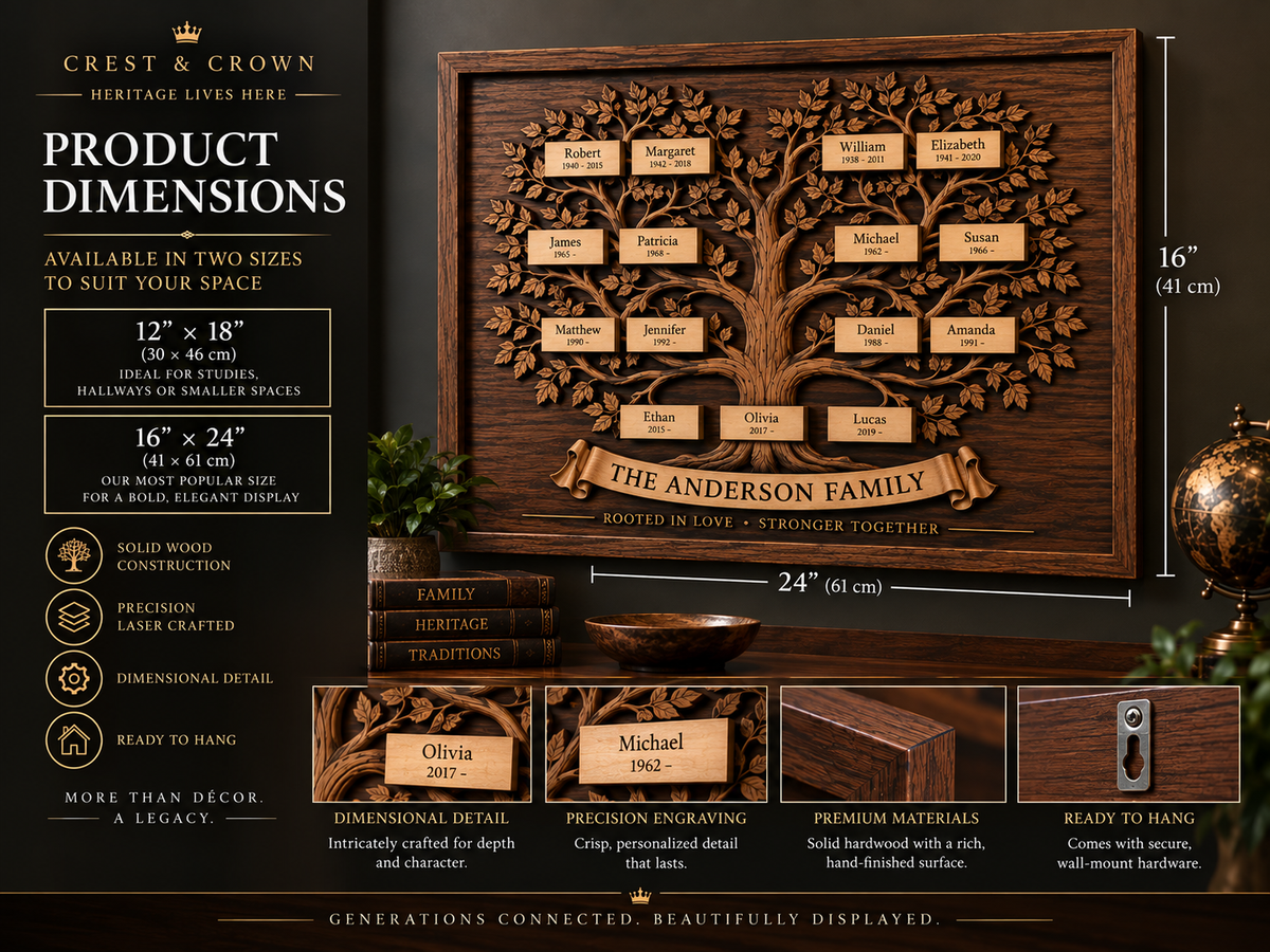 Family tree size guide showing standard 12 by 18 inch and 16 by 24 inch options.