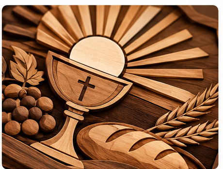 Close detail of layered wood chalice, Eucharistic host, wheat, grapes and bread on First Communion keepsake chest
