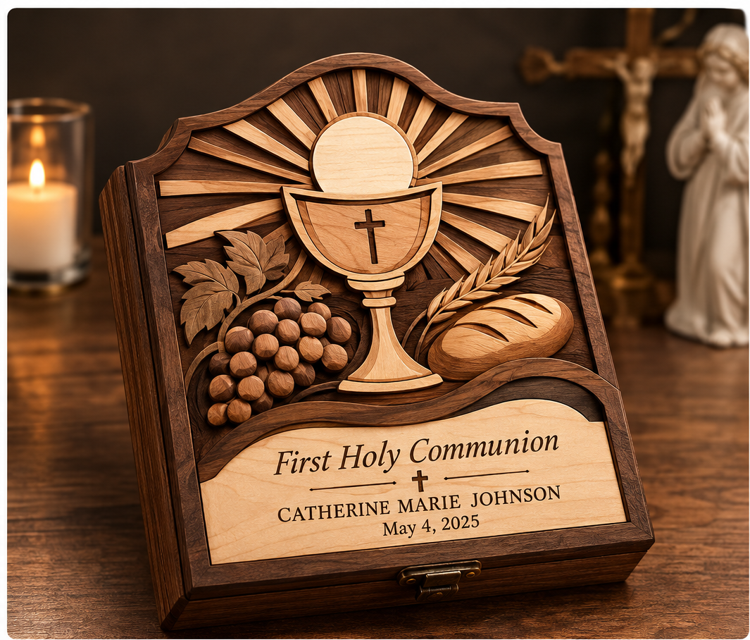 Crest & Crown personalized First Communion heirloom keepsake box with layered chalice, host, wheat and grapes