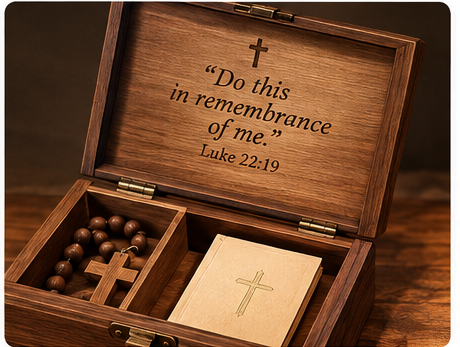 Open personalized First Communion heirloom chest with rosary and faith keepsakes inside