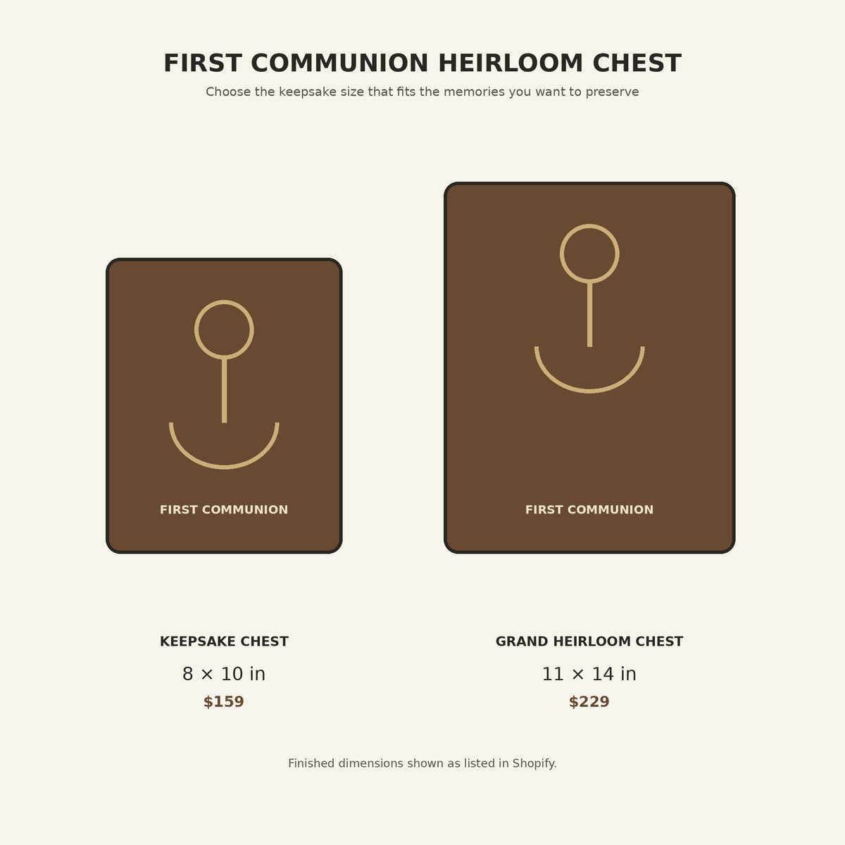 First Communion heirloom chest size guide showing 8 by 10 and 11 by 14 inch options