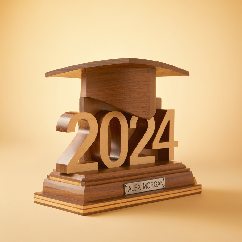 Representative premium layered wood graduation milestone display with dimensional cap year and personalized name area