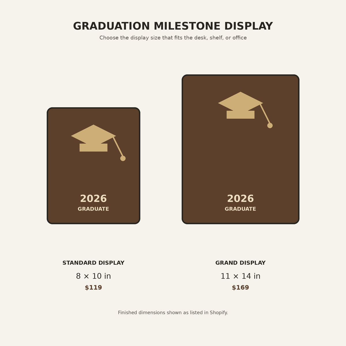 Graduation milestone display size guide showing 8 by 10 and 11 by 14 inch options