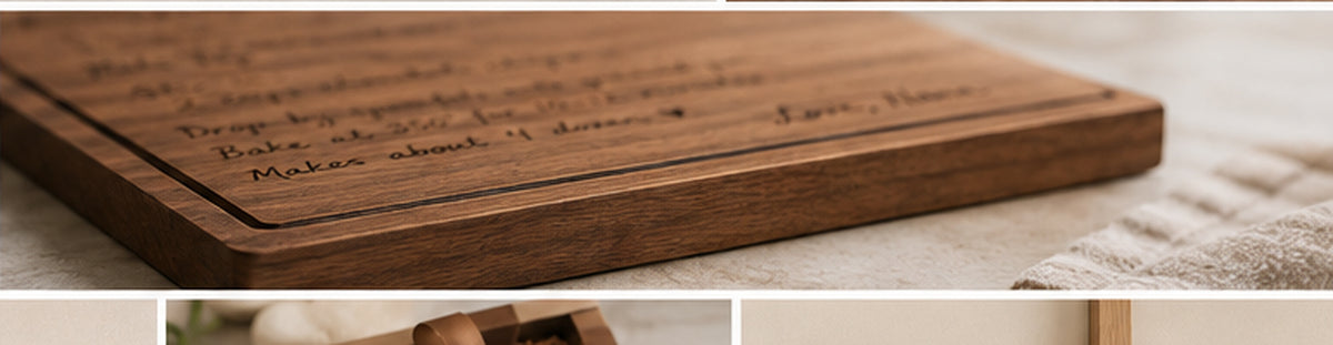 Close angled view showing hardwood thickness and engraved edge detail of recipe board