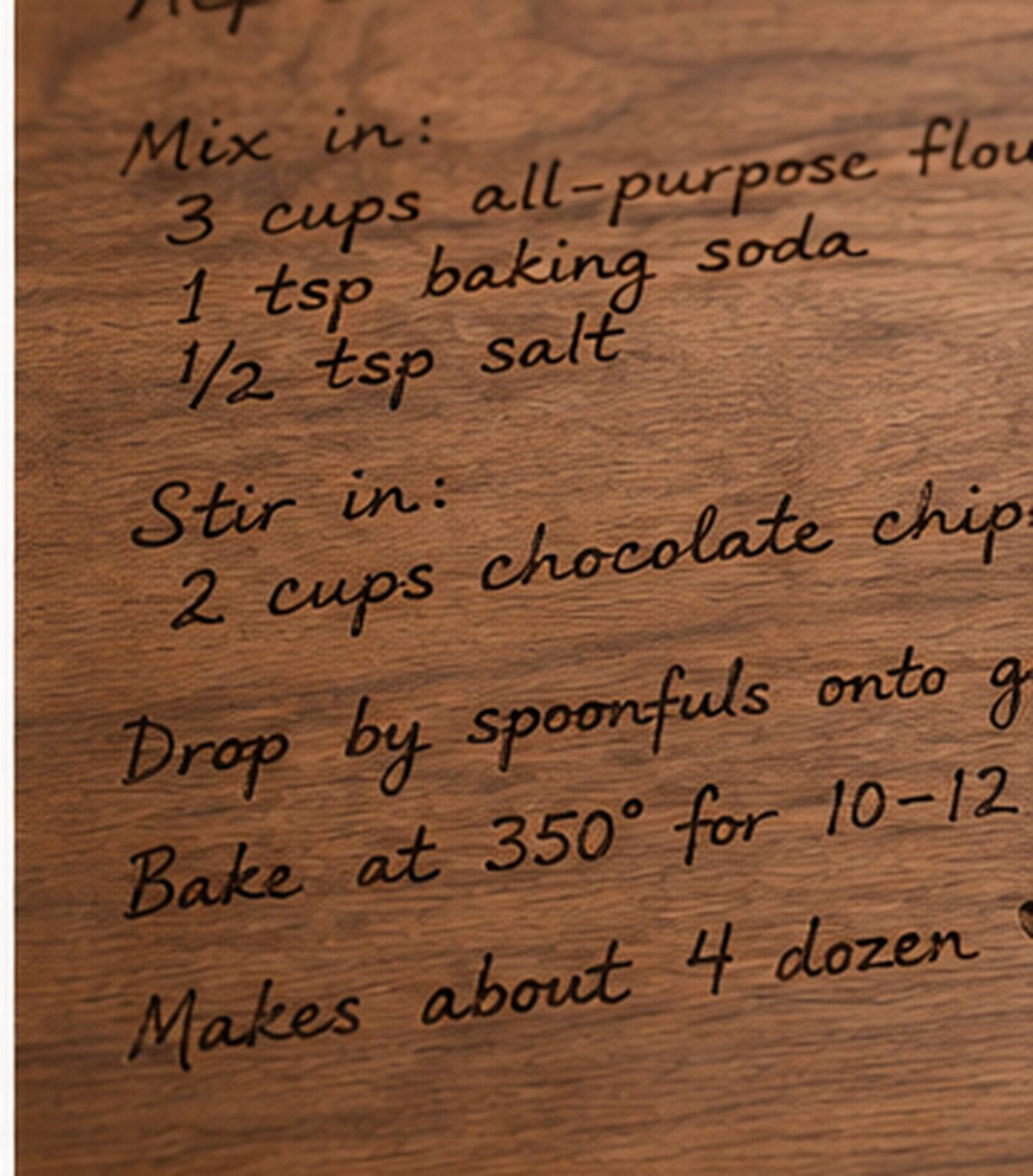 Close-up of preserved handwriting engraved into walnut recipe board