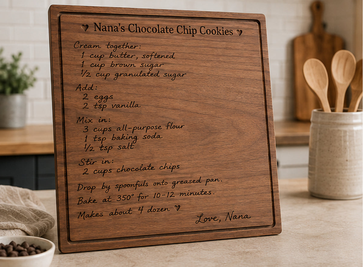 Personalized walnut handwritten family recipe board hero view