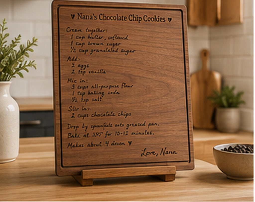 Personalized handwritten family recipe board displayed in a warm kitchen