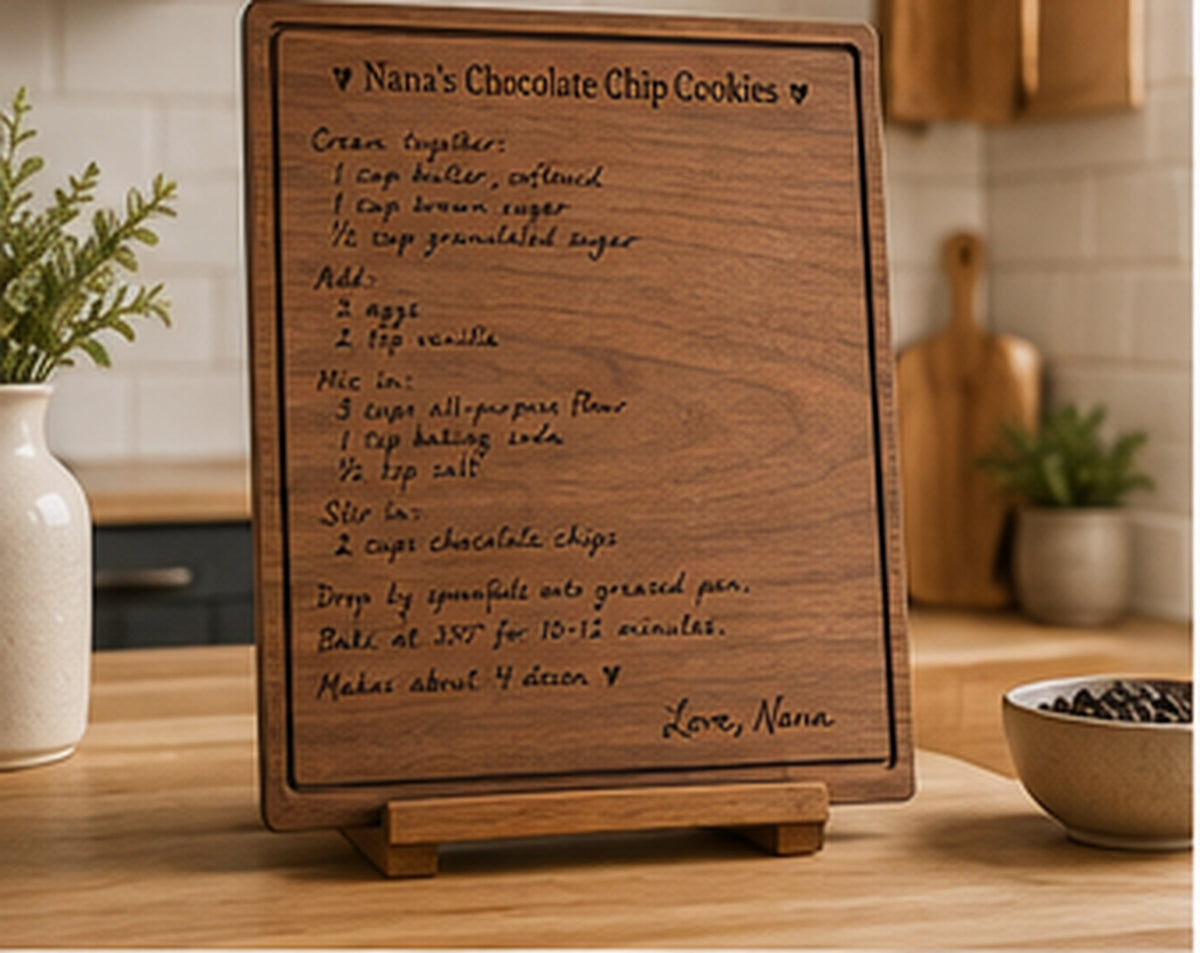 Personalized handwritten family recipe board displayed in a warm kitchen