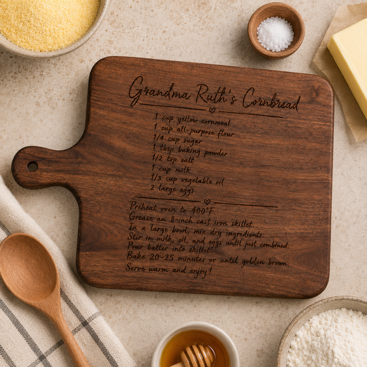 Personalized handwritten family recipe cutting board, overhead view