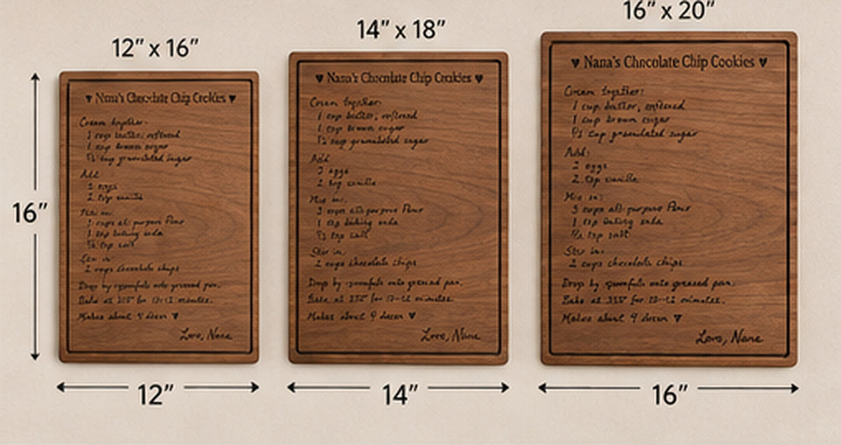 Handwritten family recipe board shown in 12 by 16, 14 by 18, and 16 by 20 inch sizes