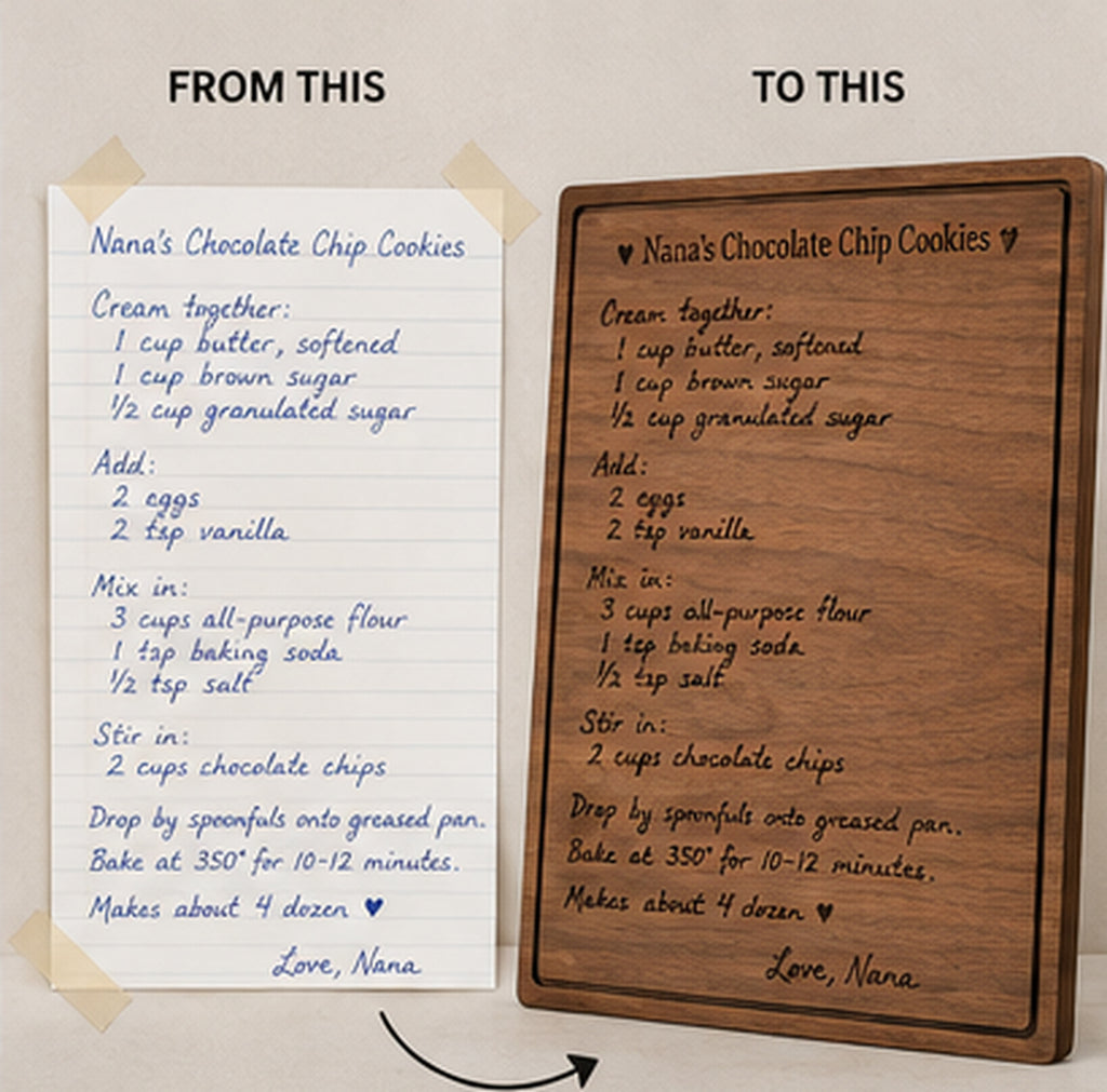 Original handwritten recipe beside the finished engraved family recipe board