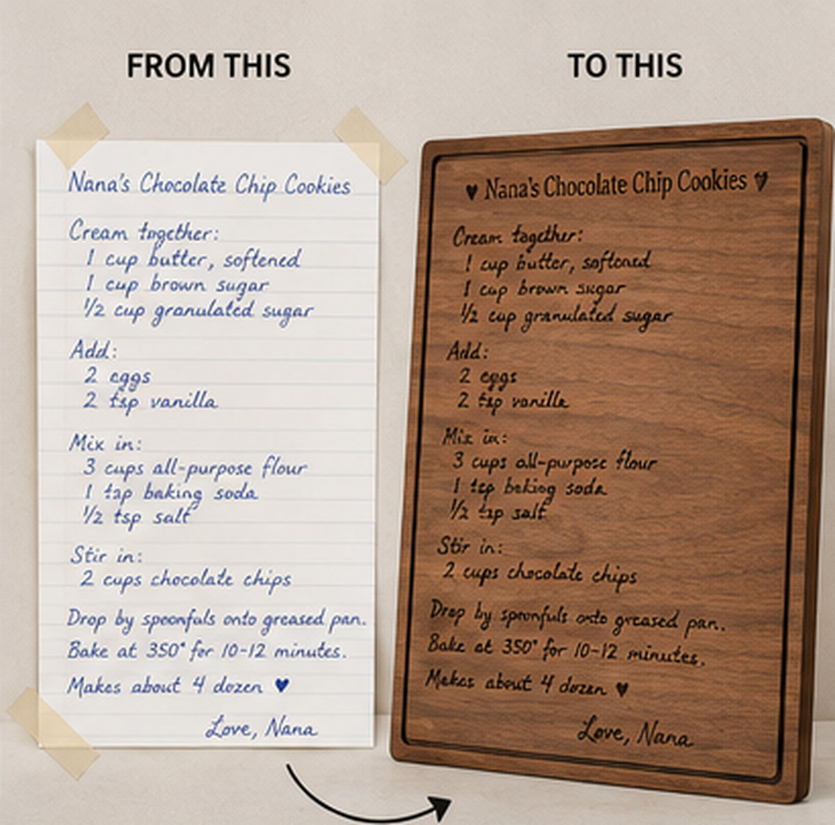 Original handwritten recipe beside the finished engraved family recipe board