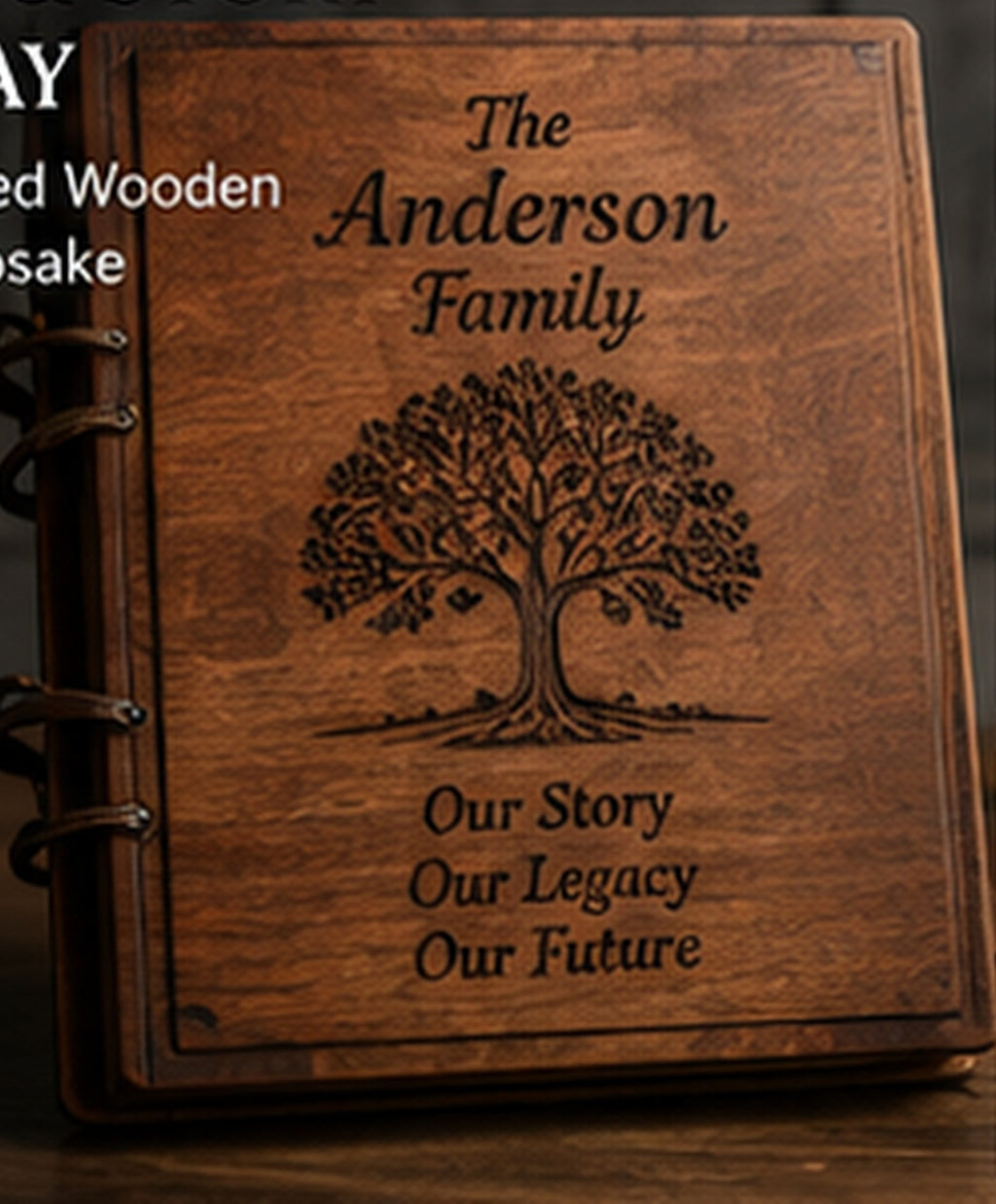 Personalized Family Heritage Book and Story Display with engraved family crest and family history