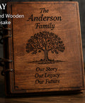 Personalized Family Heritage Book and Story Display with engraved family crest and family history