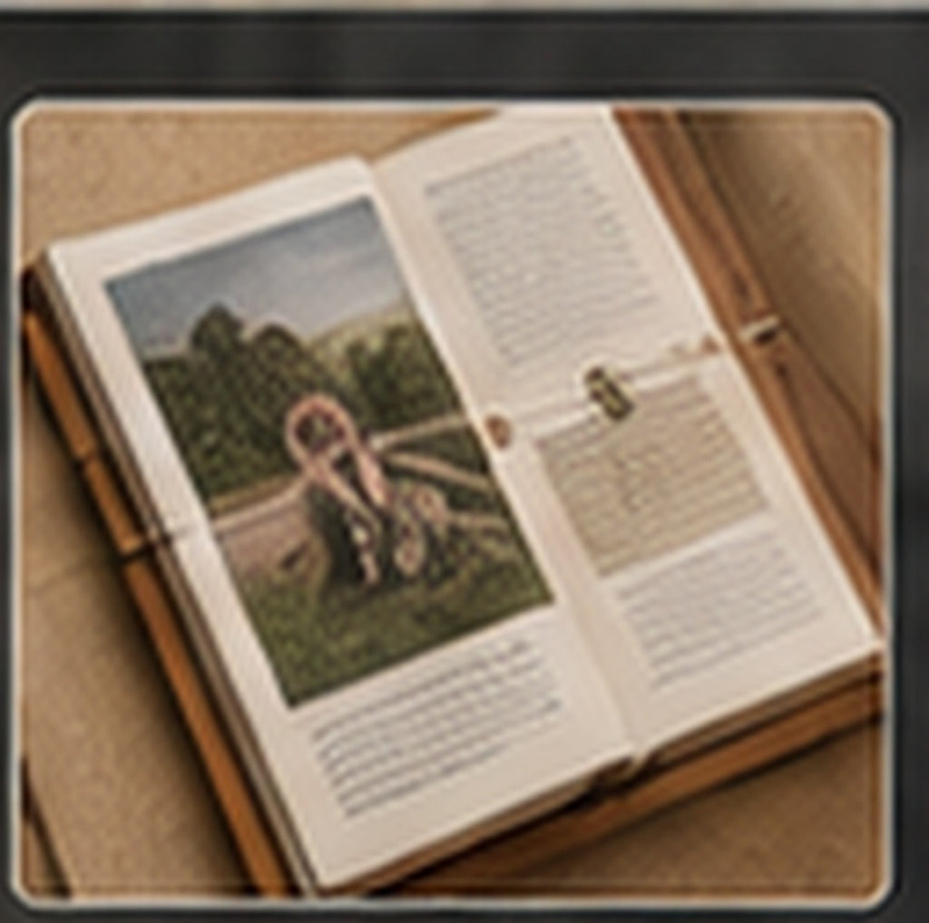 Close-up engraved family story and heraldic detail on personalized wood heritage book display
