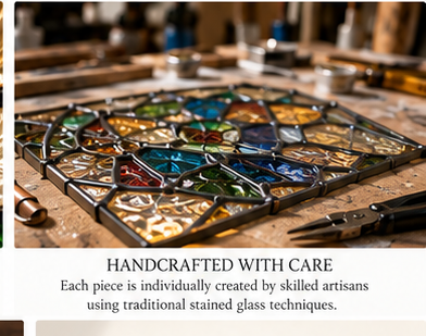 Stained glass panel being handcrafted on an artisan workbench