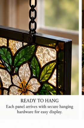 Close-up of secure hanging hardware on a personalized stained glass panel