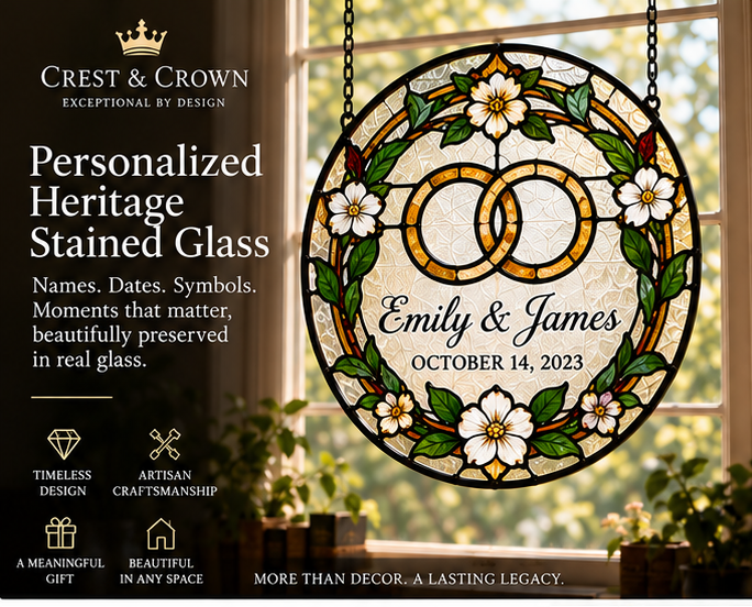 Personalized heritage stained glass with names and wedding date in a sunlit window