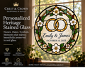 Personalized heritage stained glass with names and wedding date in a sunlit window
