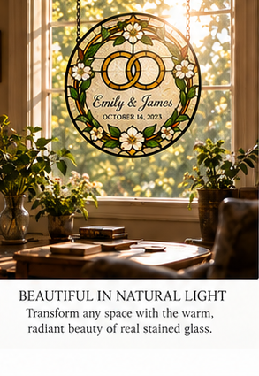 Personalized heritage stained glass displayed in natural light in a refined home interior