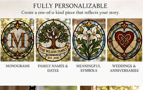 Examples of monogram, family name, meaningful symbol, and wedding stained glass personalization