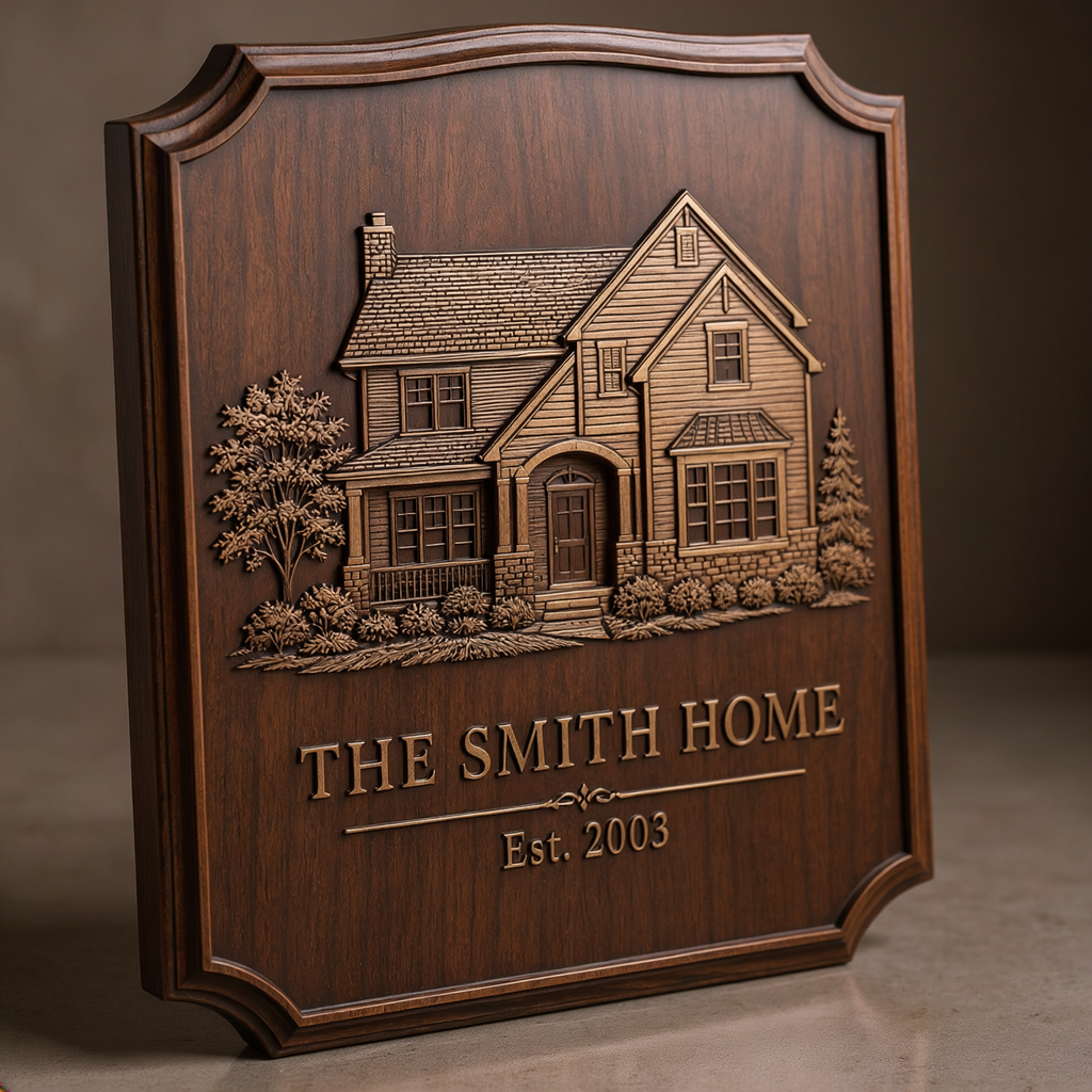 Custom house portrait plaque angled view showing thickness and beveled edge