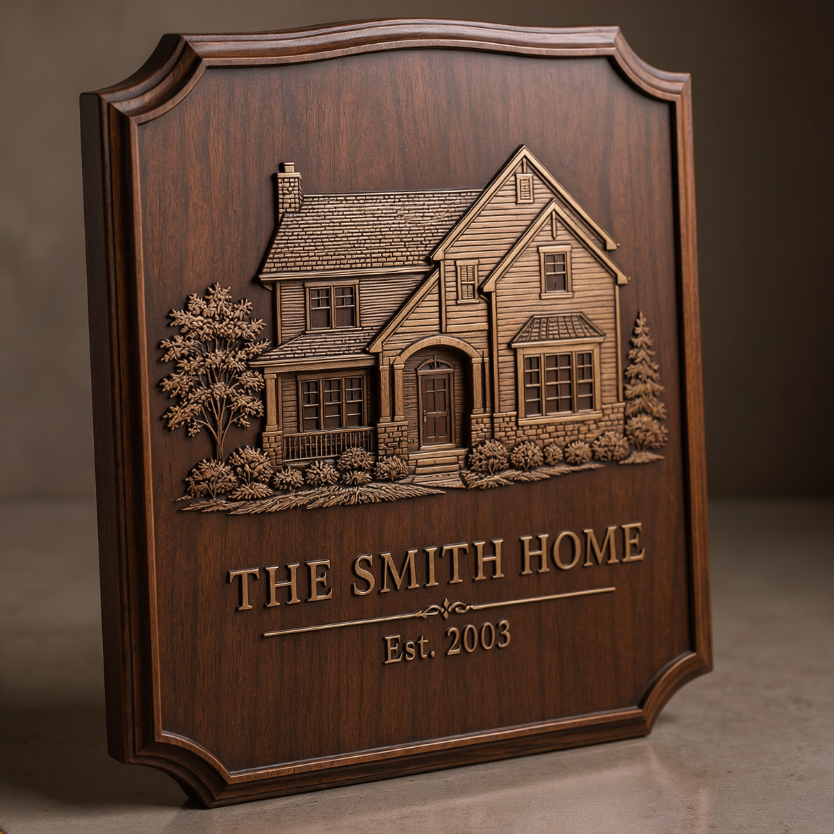 Custom house portrait plaque angled view showing thickness and beveled edge