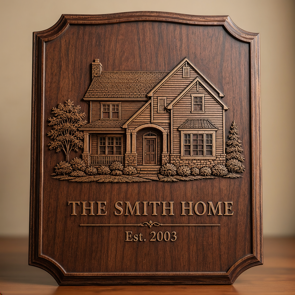 Custom house portrait plaque close-up showing architectural engraving detail and wood grain