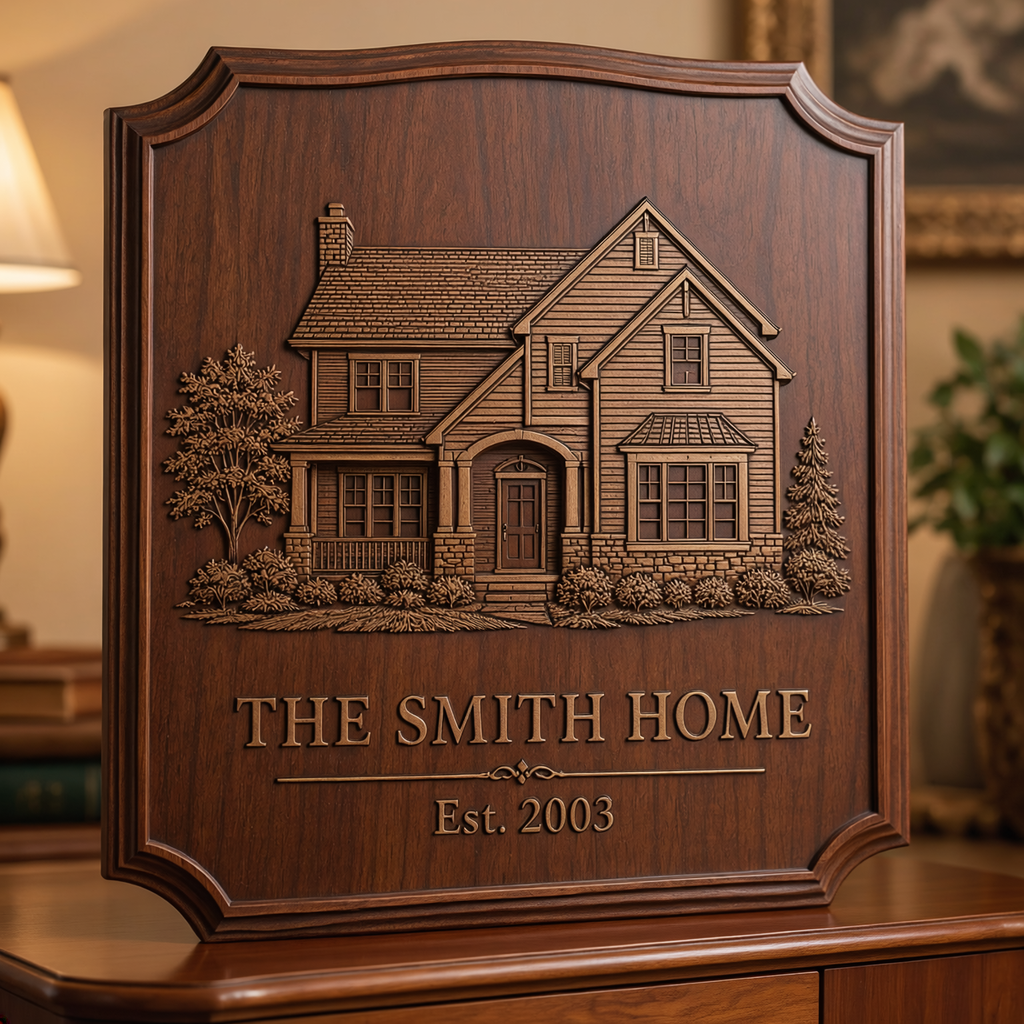 Custom house portrait heirloom plaque displayed on a refined living room console