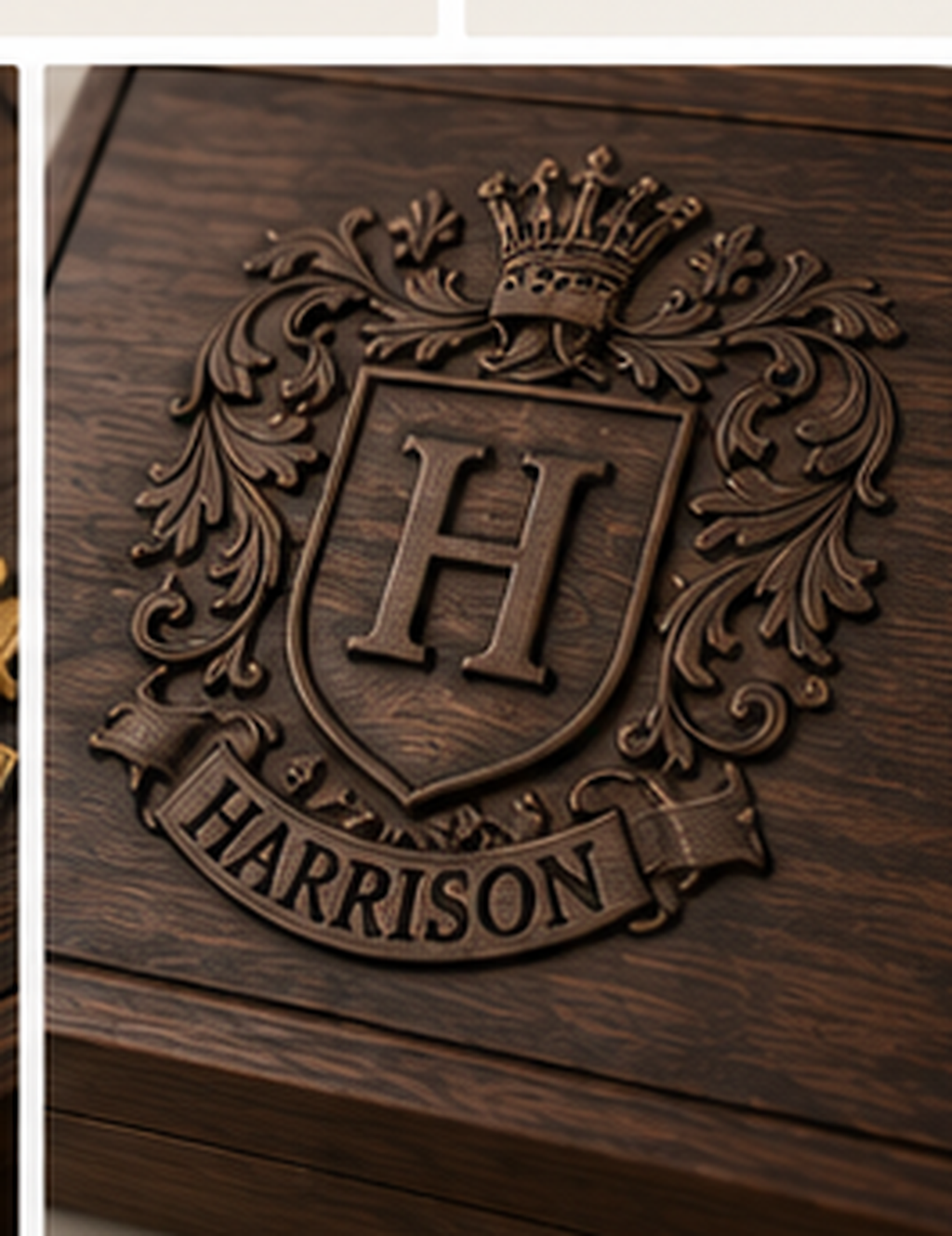 Close-up detail of laser engraved family crest on dark walnut personalized keepsake box