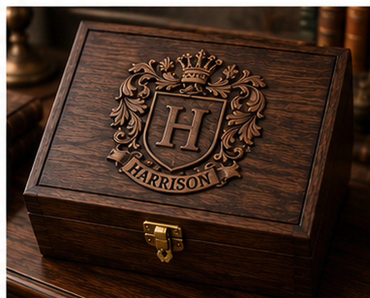 Finished personalized family crest keepsake box in dark walnut with engraved crest and brass latch