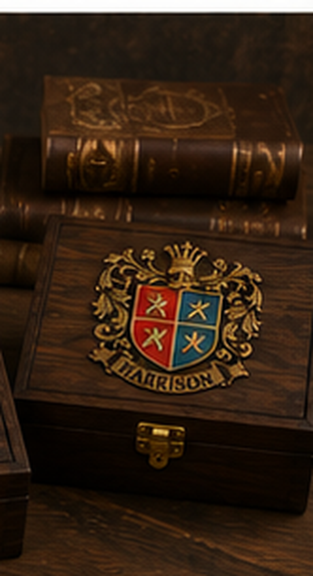 Finished personalized family crest keepsake box with hand painted crest and protective clear sealer