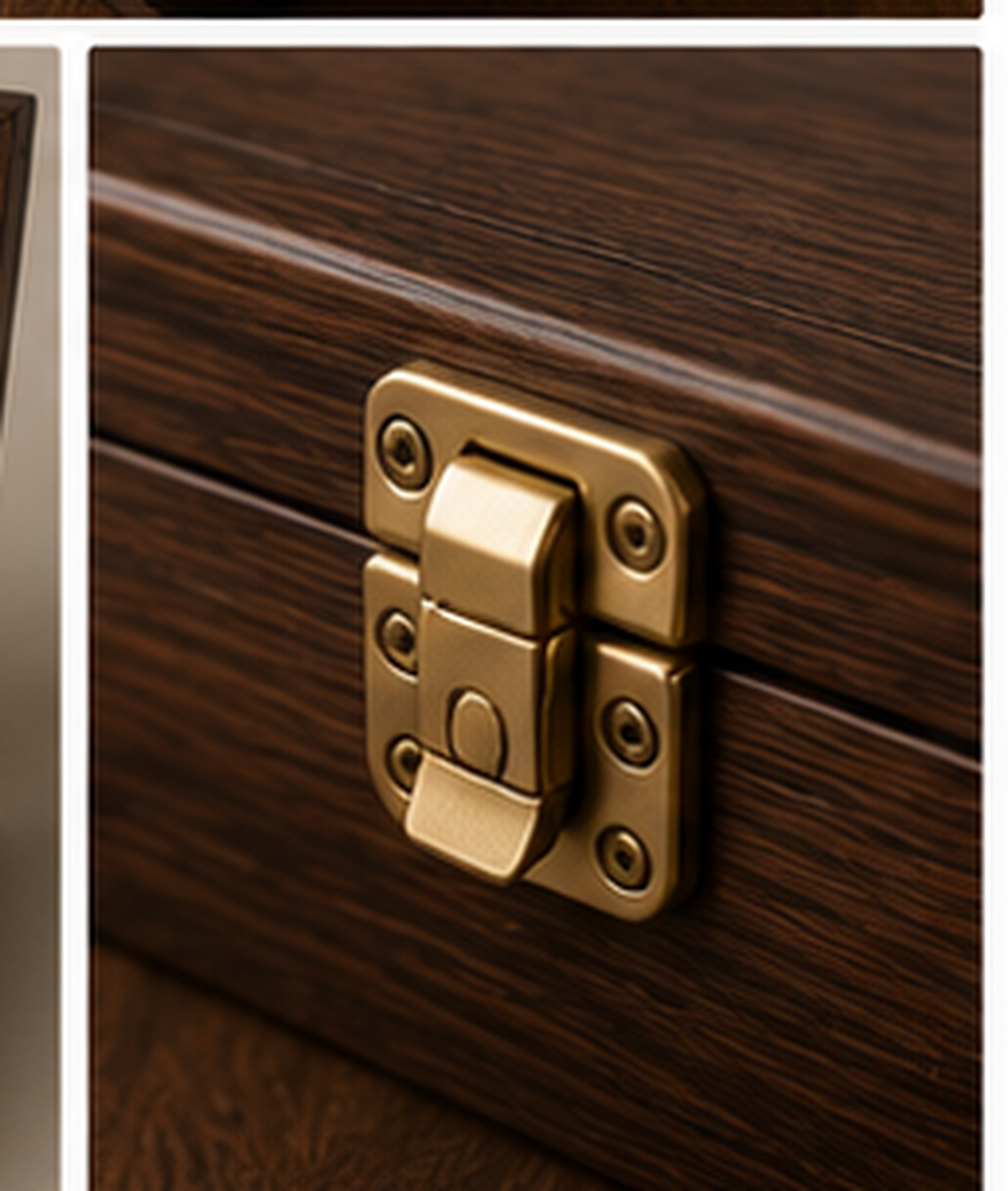 Close-up of decorative brass latch hardware on personalized wooden keepsake box