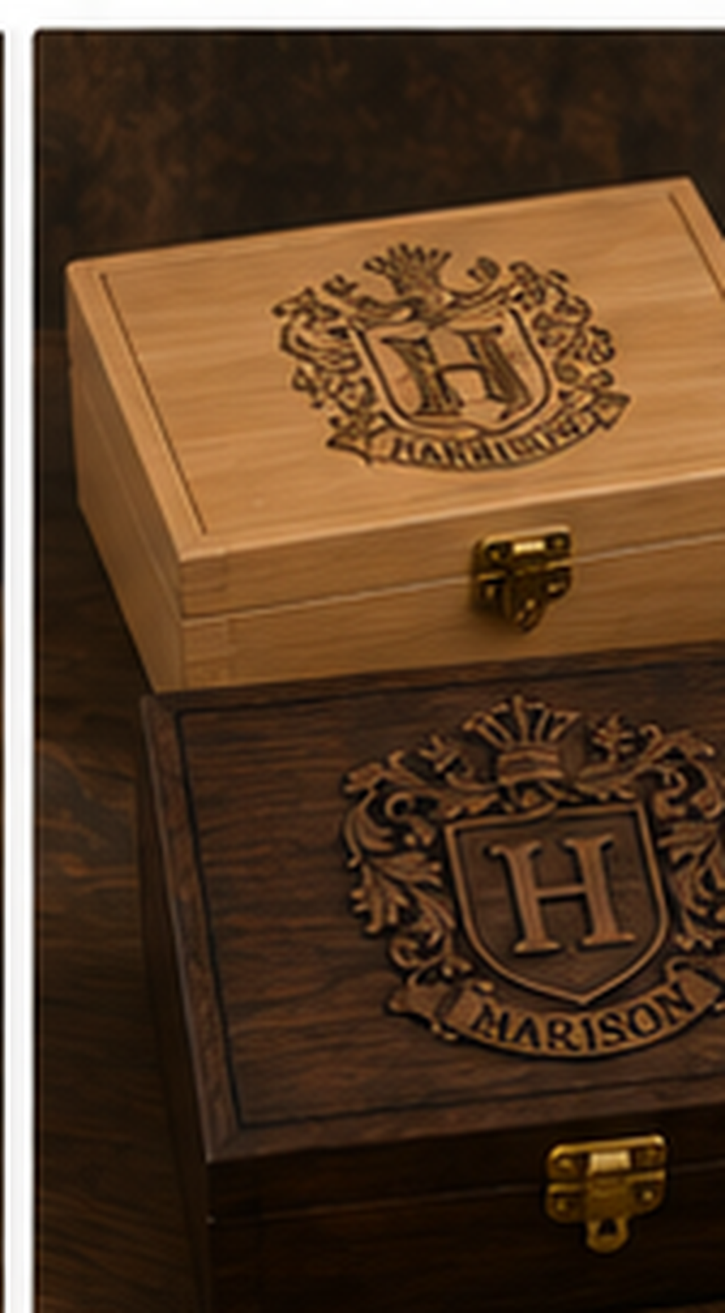 Finished personalized family crest keepsake box in natural unstained wood with laser engraved crest