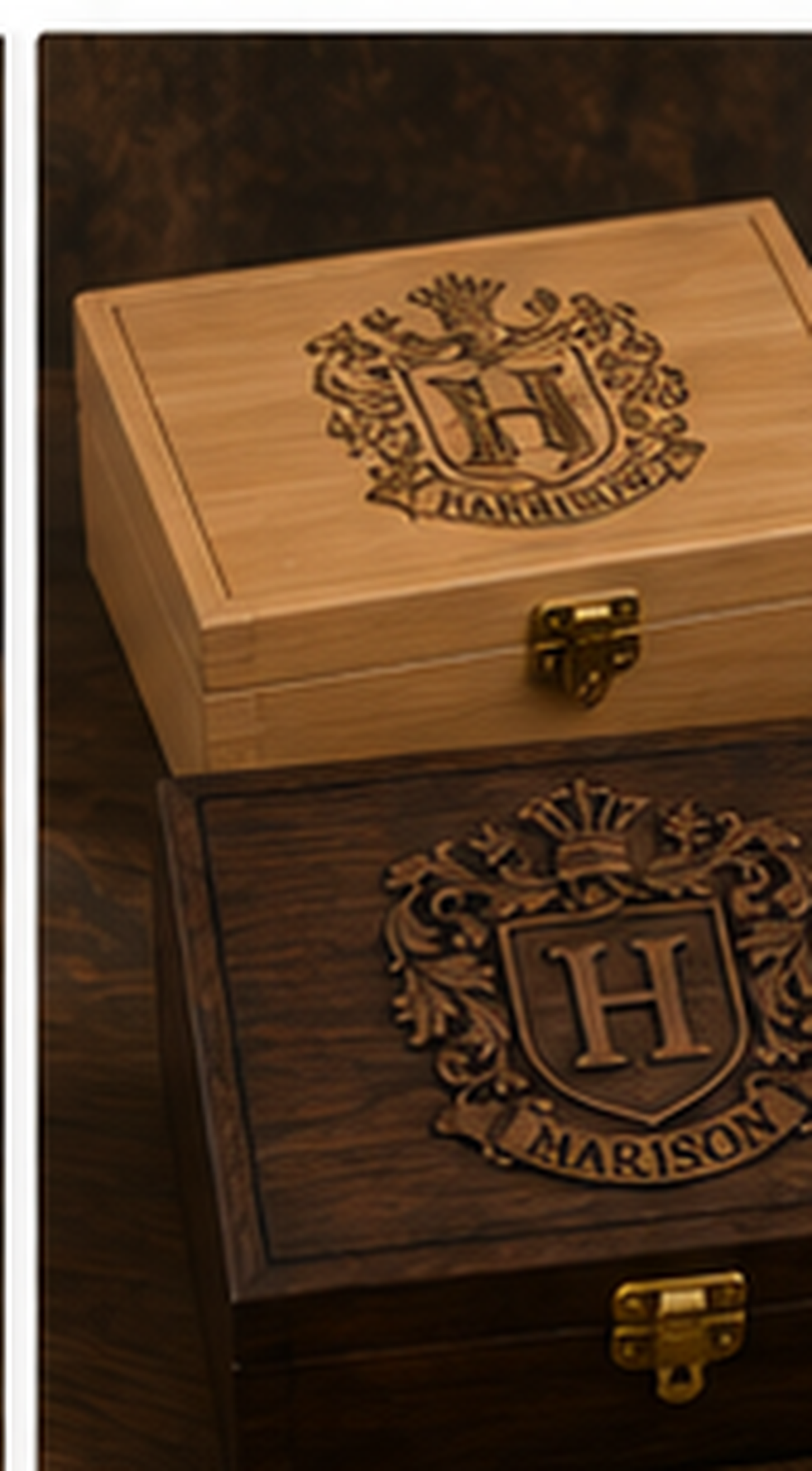 Finished personalized family crest keepsake box in natural unstained wood with laser engraved crest