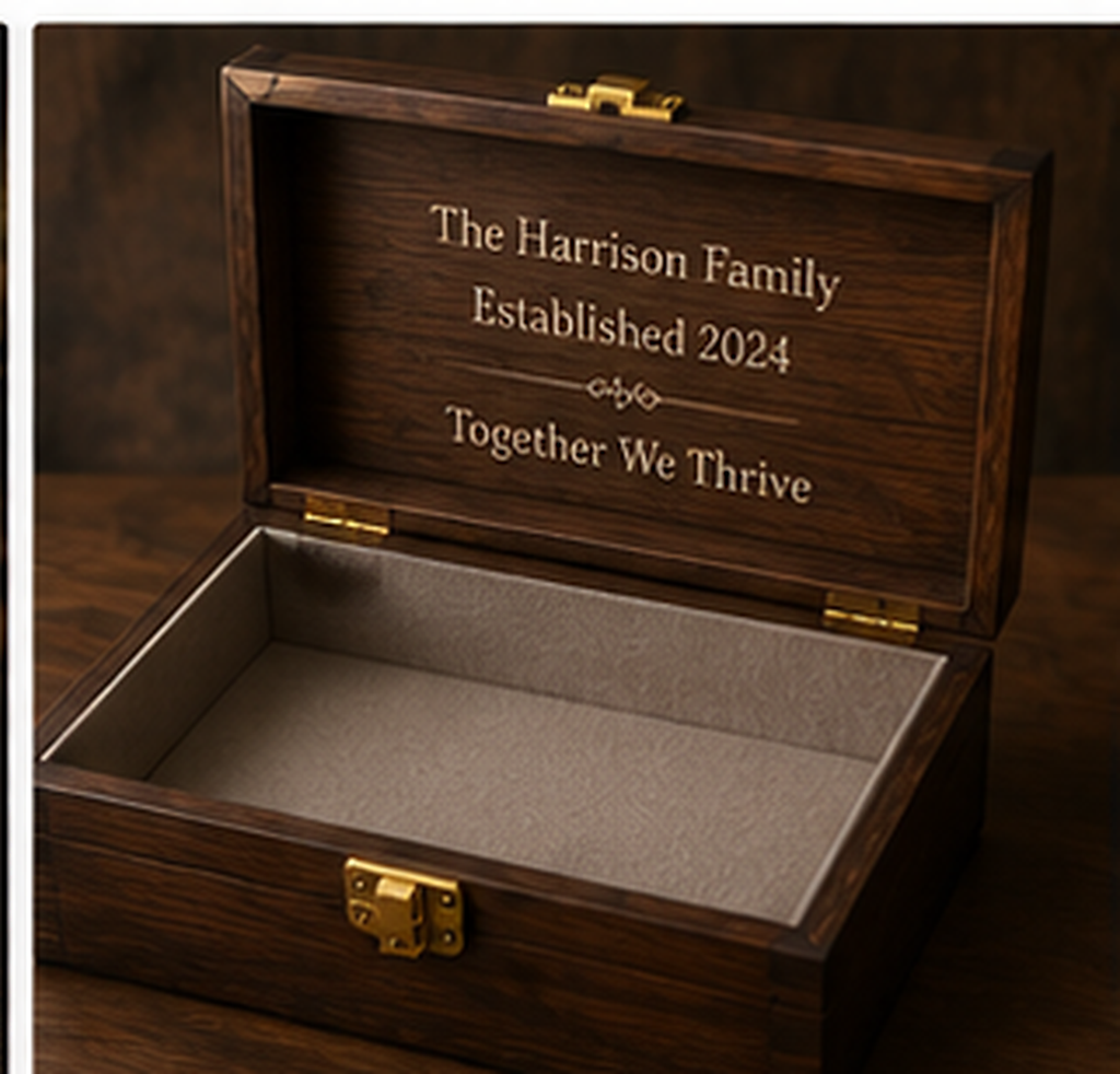 Open personalized family crest keepsake box showing inside-lid engraving and finished interior