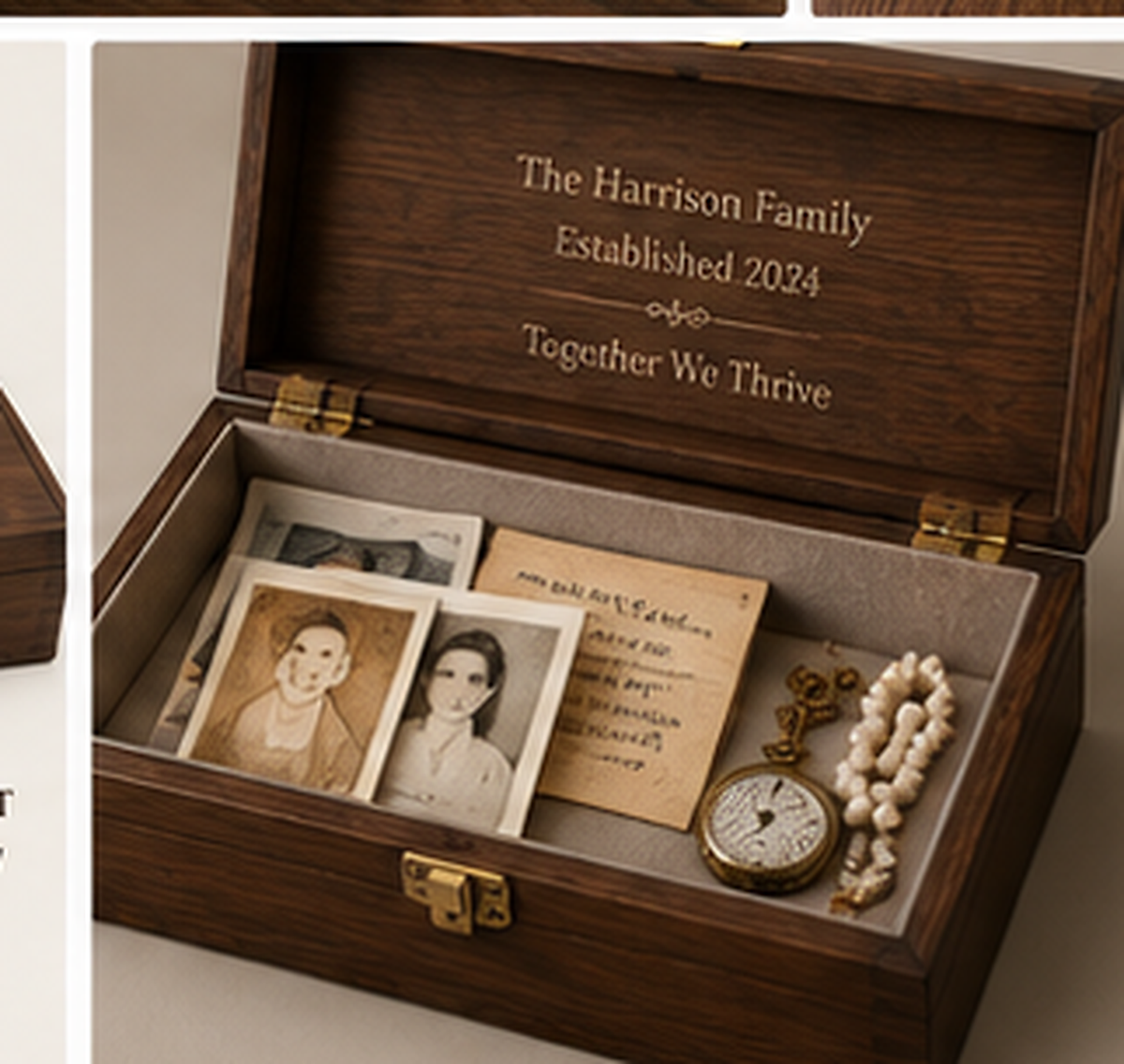 Open personalized family crest keepsake box displaying photos, letters and family mementos