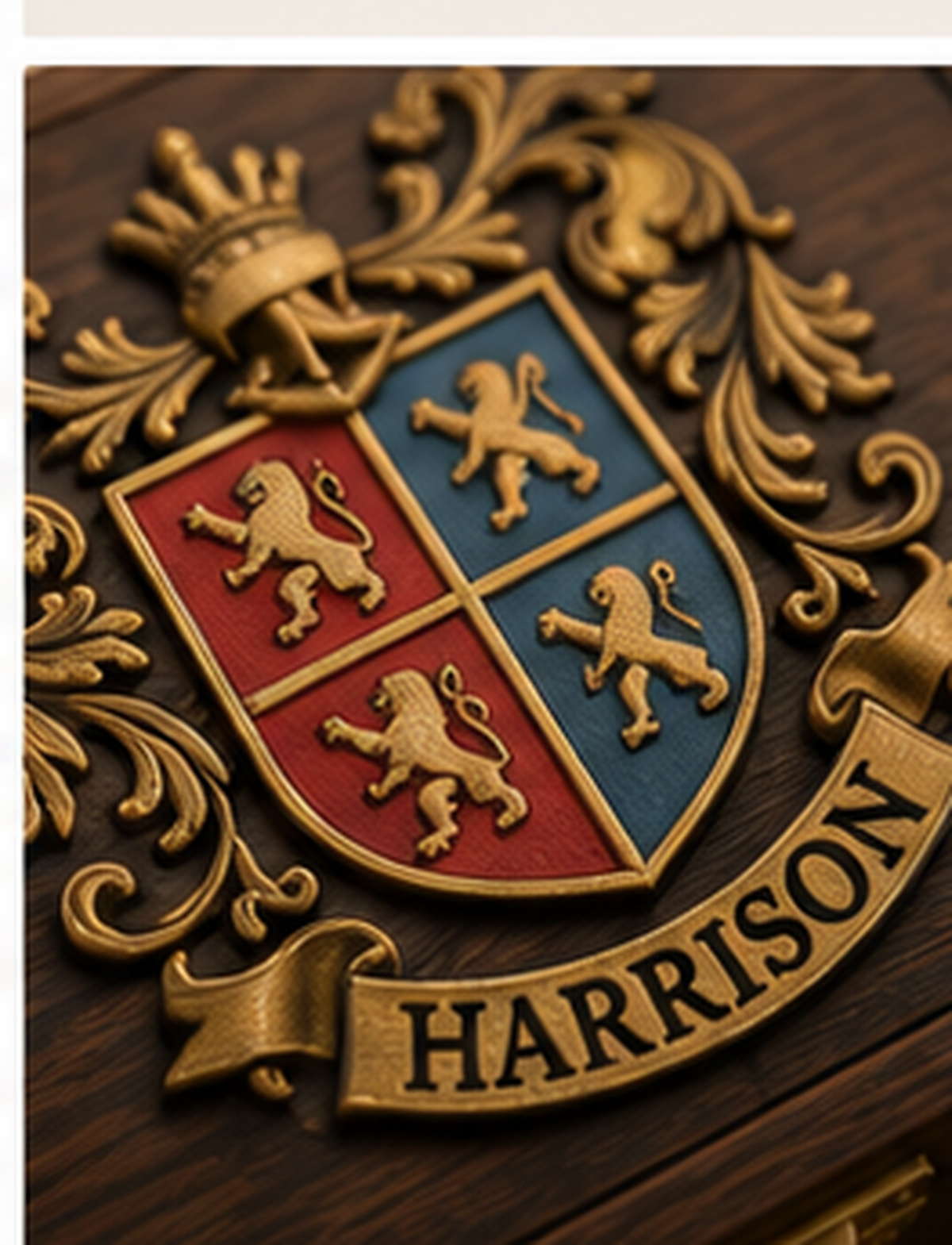 Close-up detail of hand painted family crest on personalized wooden keepsake box