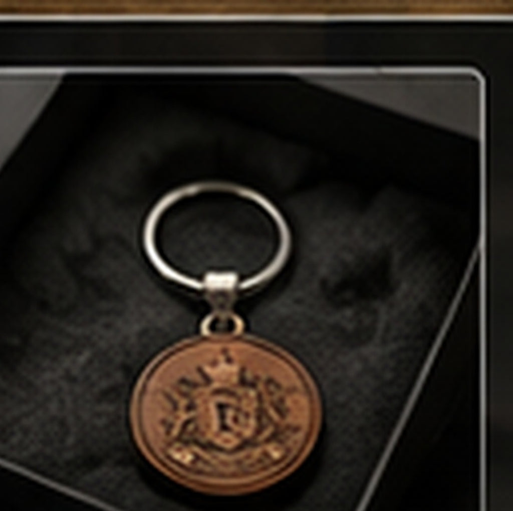 Close-up laser engraved heraldic crest detail on personalized wood keychain